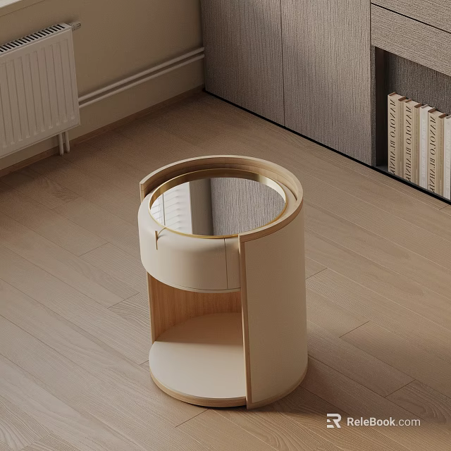 Modern Round Bedside Table With Wooden Frame Leather Panel And Books On Wooden Floor Bedroom 3d model 
