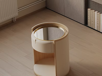 Modern Round Bedside Table With Wooden Frame Leather Panel And Books On Wooden Floor Bedroom 3d model