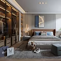 Modern Bedroom Interior With Wardrobe Bed Decorative Painting Window Curtains And Soft Rug