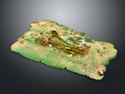 Miniature Scene Construction Model With Green Grass Earth And Vintage Yellow Cart 3d model