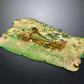 Miniature Scene Construction Model With Green Grass Earth And Vintage Yellow Cart