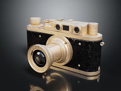 Vintage Digital Camera With Gold And Black Design Classic Lens And Control Buttons 3d model