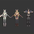 Three Fantasy 3D Characters Holding Hands With Ornate Costumes And Headpieces