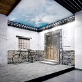 Traditional Cultural Center Courtyard With Tiled Roof White Walls And Bicycle