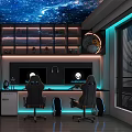 Starry Sky Themed Gaming Room With Display Shelves Action Figures Snacks And Neon Lights