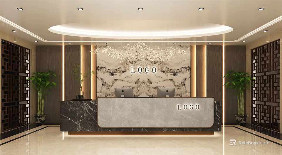 Modern Front Desk Reception With Marble Counter Backdrop Wall LOGO And Plants 3d model