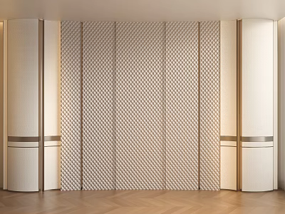 Light Colored Geometric Textured Wall Interior With Wooden Floor And Columns 3d model