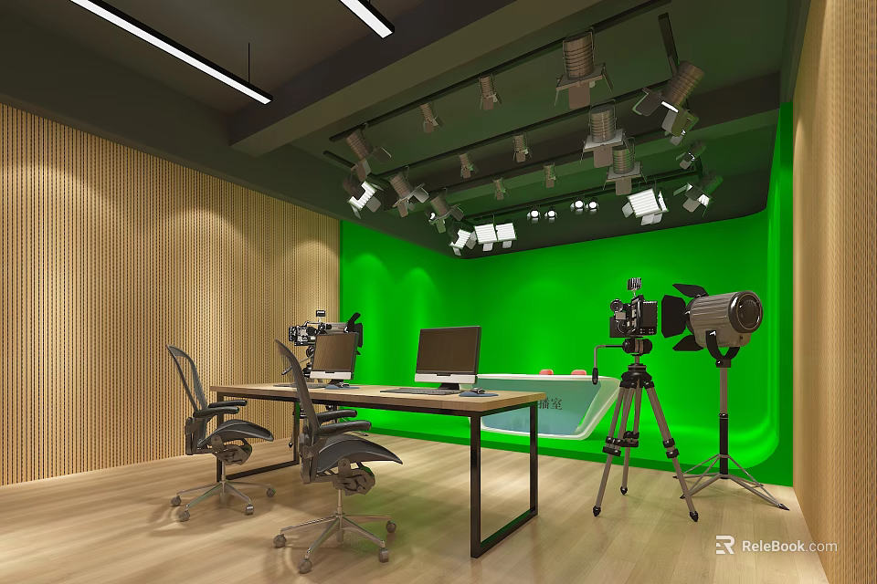 Public Office Space With Green Backdrop Wall Camera Equipment Tripod Lights And Wooden Panel Walls 3d model 