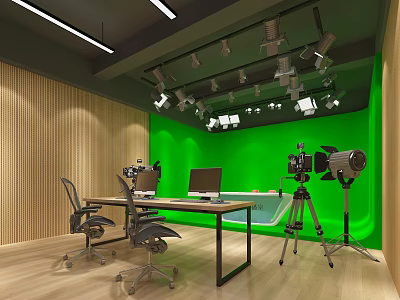 Public Office Space With Green Backdrop Wall Camera Equipment Tripod Lights And Wooden Panel Walls 3d model