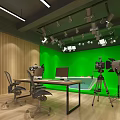 Public Office Space With Green Backdrop Wall Camera Equipment Tripod Lights And Wooden Panel Walls