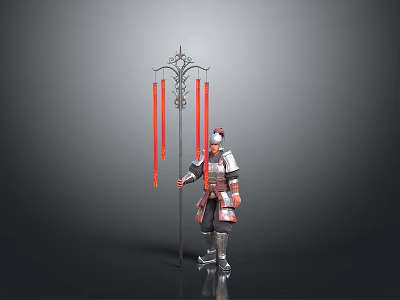 Man in Traditional Armor Holding Decorative Long Pole With Red Banners 3d model