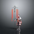 Man in Traditional Armor Holding Decorative Long Pole With Red Banners
