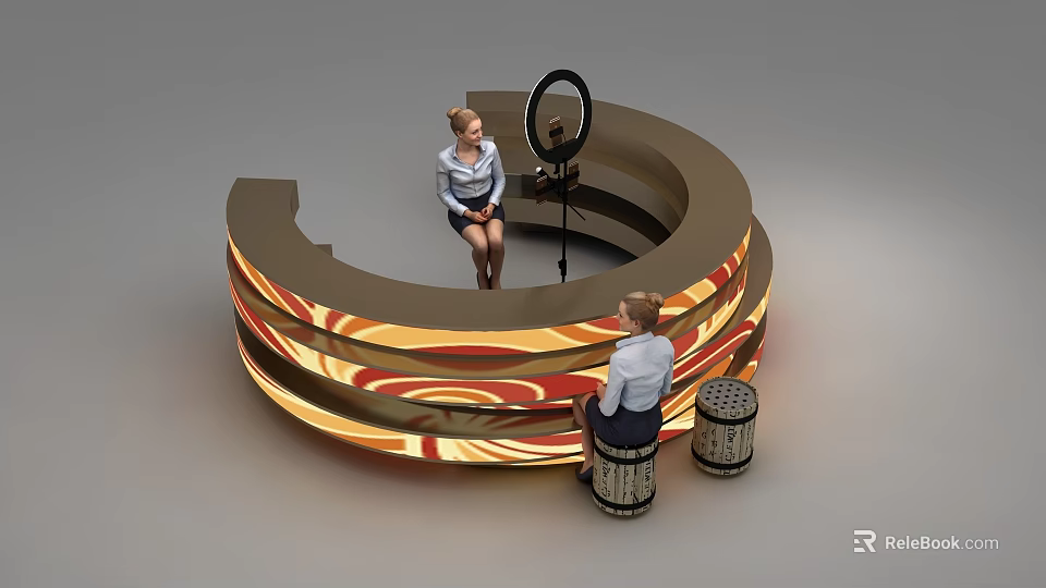 Ring Shaped Illuminated Functional Desk With Two People Mirror And Stools 3d model 