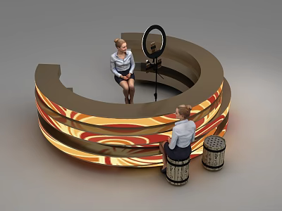 Ring Shaped Illuminated Functional Desk With Two People Mirror And Stools 3d model