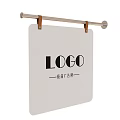 White Square Billboard With Logo Hanging On Metal Rod By Brown Hooks