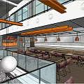Modern Restaurant Interior With Open Kitchen White Tile Walls Round Pendant Lights And Wooden Tables