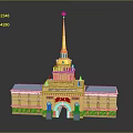 Yellow Historic Building With Golden Spire Clock Tower Arched Entrance And Columns