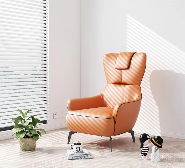 Orange Leather Single Sofa With Sunlight Patterns From Blinds Potted Plant Coffee Cup And Toys 3d model 