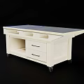 Industrial Equipment Workbench with Black Countertop Blue Borders White Cabinet Drawers and Wheels