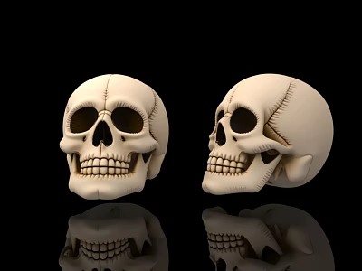 Two Detailed White Human Skulls On Black Background With Reflections 3d model