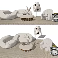 White Curved Sofa And Round Coffee Table Set With Armchair Decorative Items On Rug