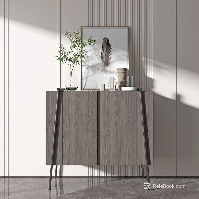 Modern Entryway Console Cabinet with Wooden Design Metal Legs Feather Art and Decorative Plants 3d model 