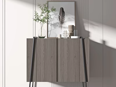 Modern Entryway Console Cabinet with Wooden Design Metal Legs Feather Art and Decorative Plants 3d model