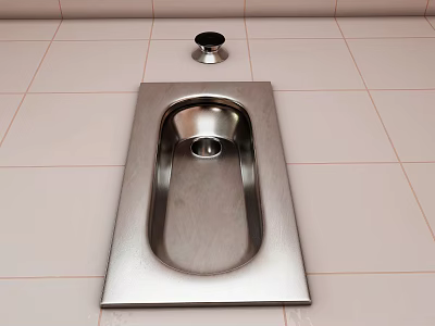 Modern Stainless Steel Squat Toilet with Flush Knob on Tile Floor 3d model