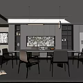Modern Open Design Restaurant Interior With Round Dining Table Grey Cabinets And Pendant Lights 3d model