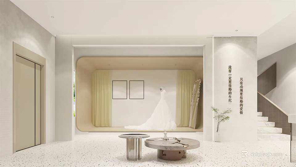 Modern Bridal Shop with White Wedding Dress Display Beige Curtains Wall Art And Round Tables 3d model 