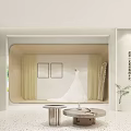 Modern Bridal Shop with White Wedding Dress Display Beige Curtains Wall Art And Round Tables