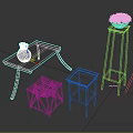 Rustic Wooden Table With Black Frame Stools And Pedestals With Vases And Blue Flowers