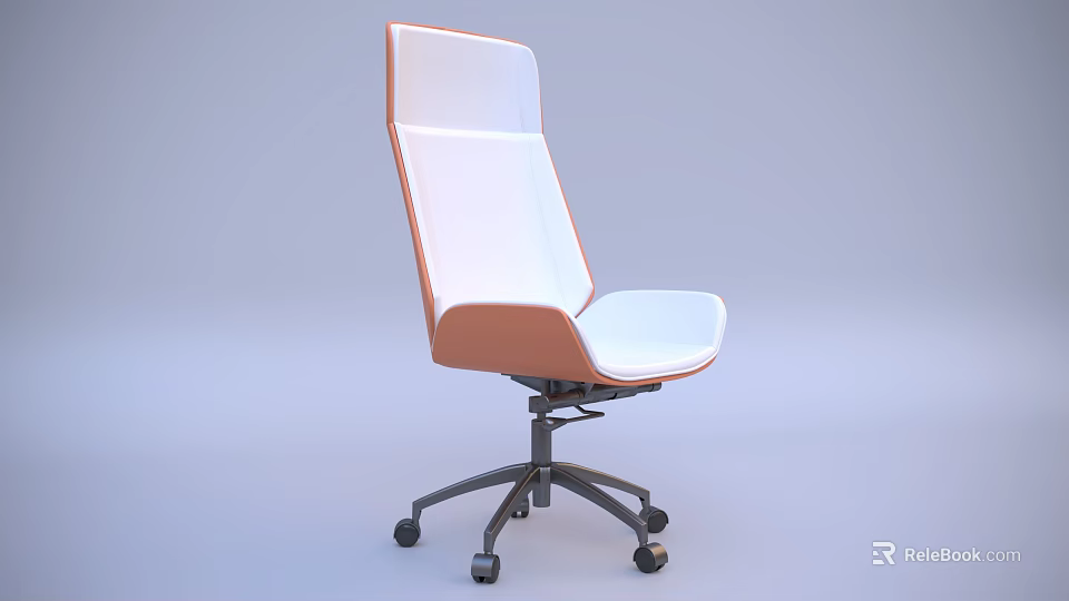 Modern Single Office Chair With White And Orange Upholstery Ergonomic Design Black Caster Wheels Base 3d model 