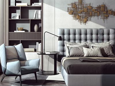 Modern Bedroom Interior With Background Double Bed Tufted Gray Headboard Multiple Pillows Gold Geometric Art 3d model