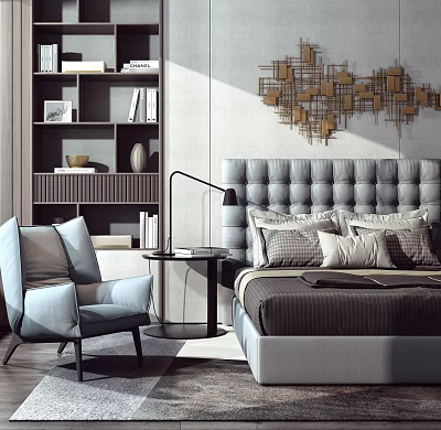 Modern Bedroom Interior With Background Double Bed Tufted Gray Headboard Multiple Pillows Gold Geometric Art 3d model