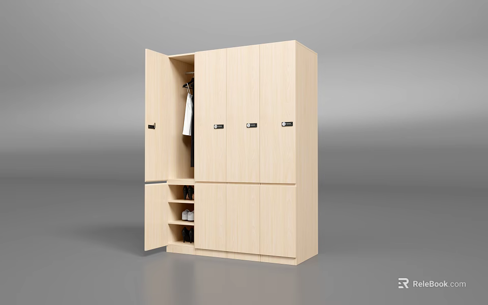 Sleek Modern Light Wood Wardrobe With Multiple Doors Hanging Rack And Shelves 3d model 