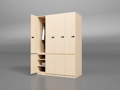 Sleek Modern Light Wood Wardrobe With Multiple Doors Hanging Rack And Shelves 3d model