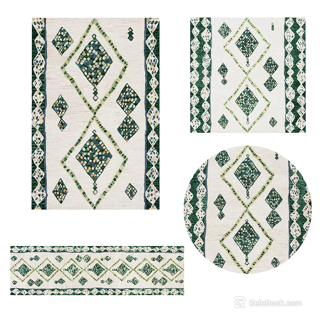 Geometric Square Rug with Green White Diamond Patterns and Decorative Borders 3d model