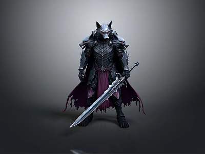 Wolf Headed Warrior in Dark Armor Holding Long Sword with Purple Cape 3d model