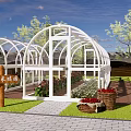 Garden Landscape With White Arched Greenhouse Paved Path Green Plants And Fruit Baskets