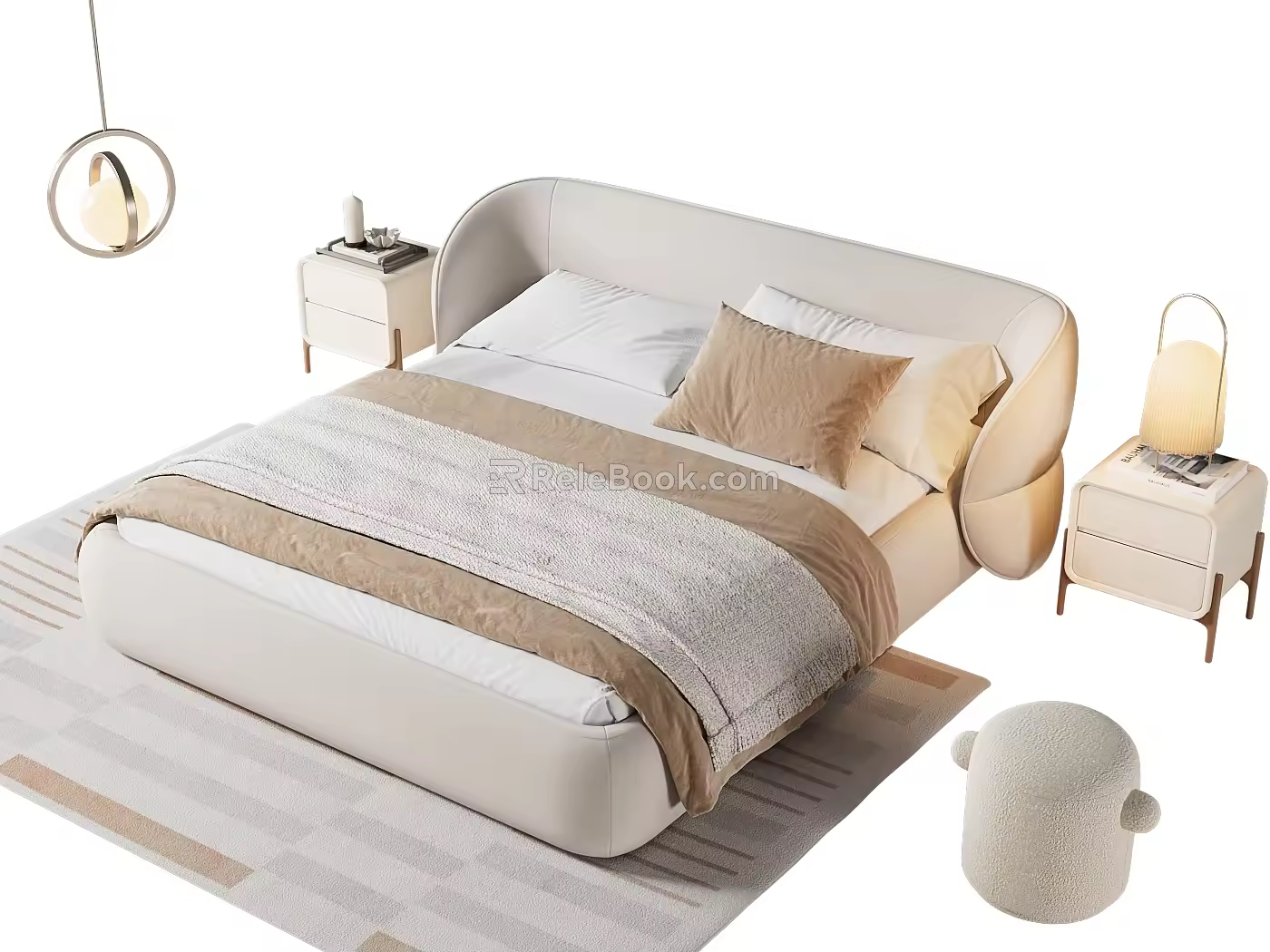 Simple Double Bed Cream Wind Bedding Carpet Table Lamp Bedside Table Chandelier 3d model