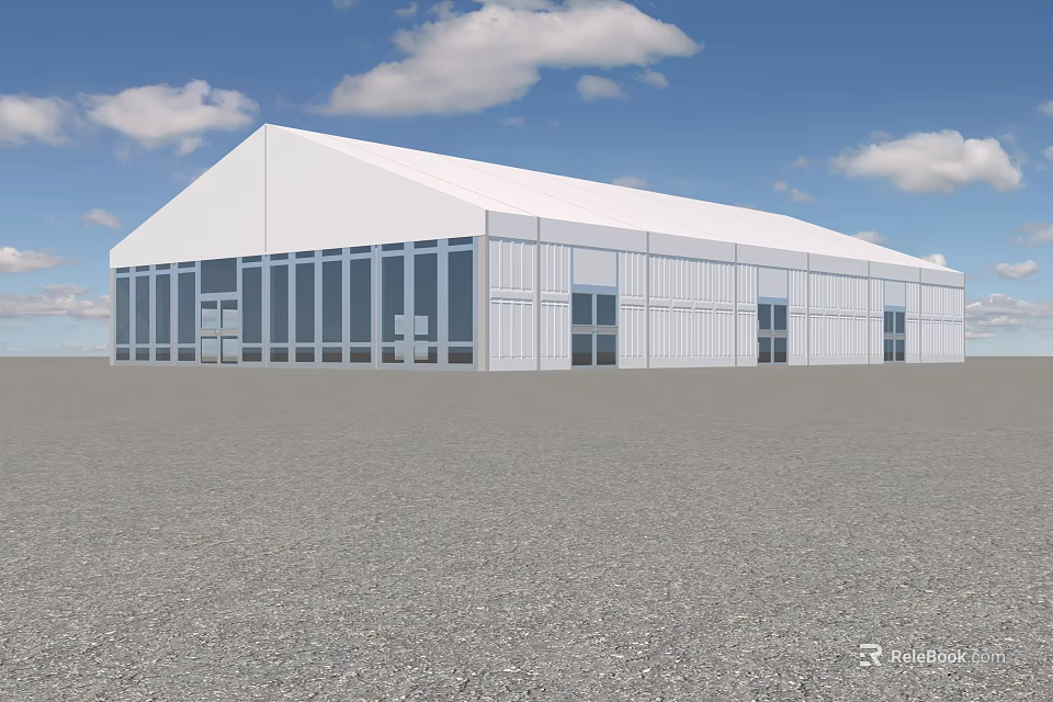 White Large Tent with Glass Windows on Gravel Ground under Blue Sky and White Clouds 3d model 