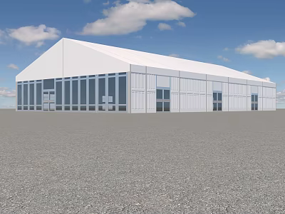 White Large Tent with Glass Windows on Gravel Ground under Blue Sky and White Clouds 3d model