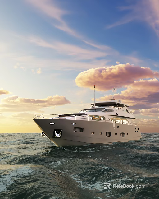Scenic View of Luxury Yacht Sailing on Sparkling Sea Under Sunset Sky with Pink Clouds 3d model 