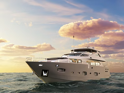 Scenic View of Luxury Yacht Sailing on Sparkling Sea Under Sunset Sky with Pink Clouds 3d model