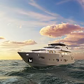 Scenic View of Luxury Yacht Sailing on Sparkling Sea Under Sunset Sky with Pink Clouds