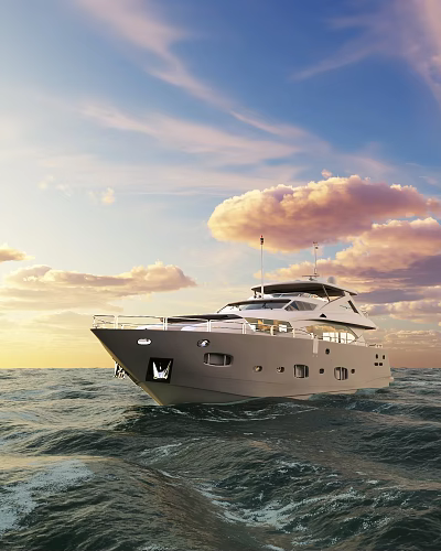 Scenic View of Luxury Yacht Sailing on Sparkling Sea Under Sunset Sky with Pink Clouds 3d model