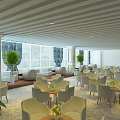 Spacious Modern Leisure Area Interior Design With Comfortable Chairs Round Tables Green Plants Large Windows Blue Curtains