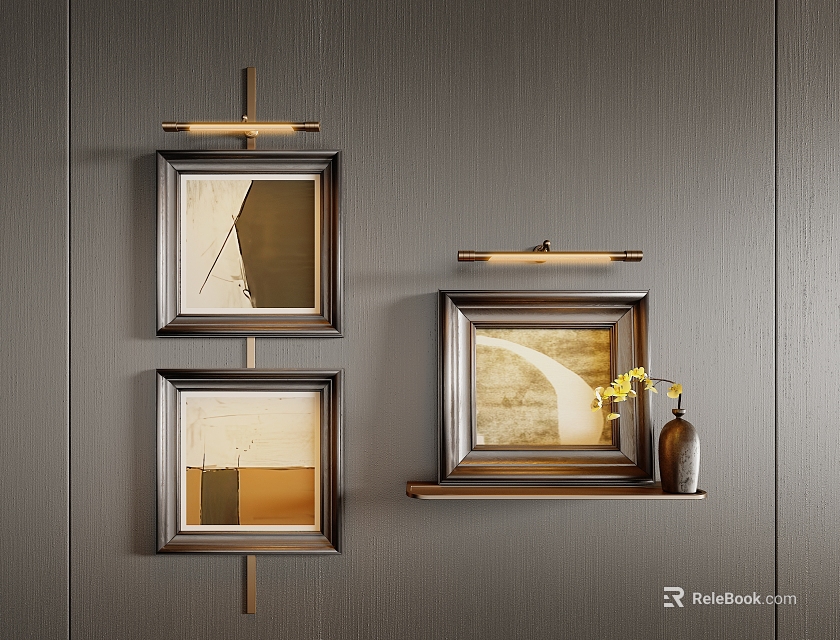 Abstract Paintings In Dark Frames Golden Brown Tones On Wall Shelf With Vase Yellow Flowers 3d model 