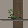 Bonsai Pine Tree in Black Pot with Moss Against Wooden Lattice Wall Interior Decor